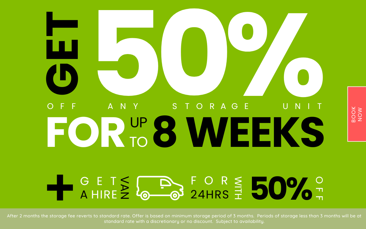 An ad offering discounted self storage and van hire